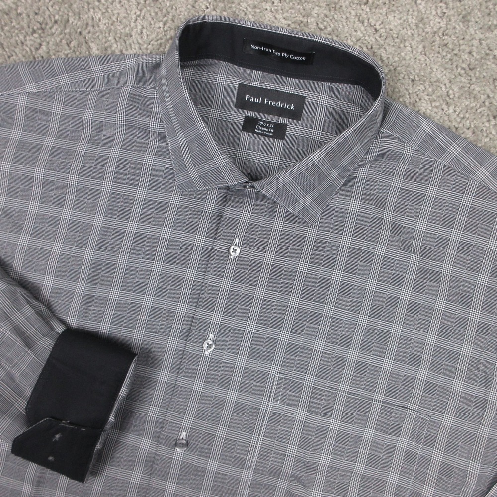 Paul Fredrick‎ Shirt Mens 2XL 18.5 34 Gray Plaid Flip Cuff Dress Button Up NEW